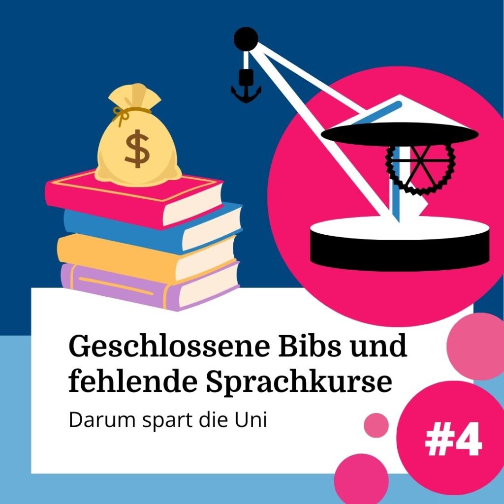 Episodenbild zum Thema FInanzierung der Bibliotheken: Ein Geldbeutel ruht auf einem Bücherstapel neben dem Kranen.
